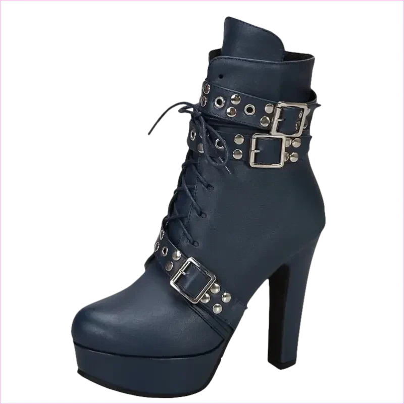Multi Buckle High Heel Lace Up Ankle Boots in Black Leather