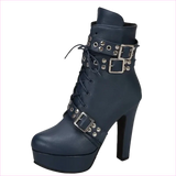 Multi Buckle High Heel Lace Up Ankle Boots in Black Leather