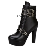 Multi Buckle High Heel Lace Up Ankle Boots in Black Leather