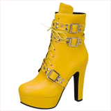 Multi Buckle High Heel Lace Up Ankle Boots in Black Leather