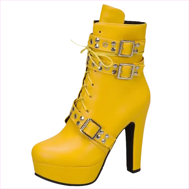 Multi Buckle High Heel Lace Up Ankle Boots in Black Leather