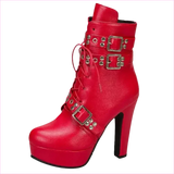 Multi Buckle High Heel Lace Up Ankle Boots in Black Leather