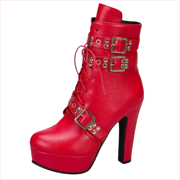 Multi Buckle High Heel Lace Up Ankle Boots in Black Leather