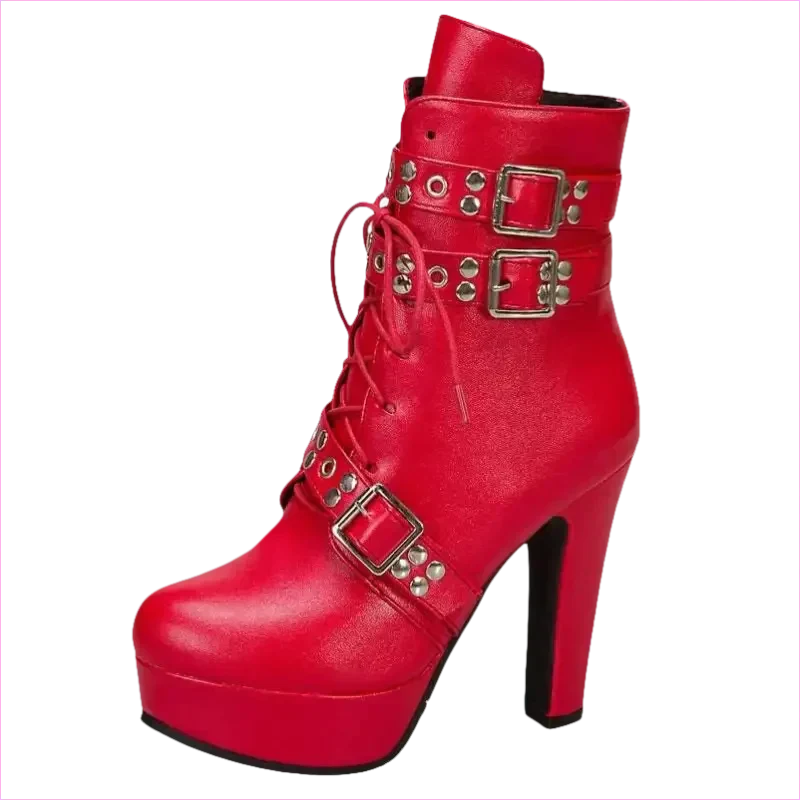 Multi Buckle High Heel Lace Up Ankle Boots in Black Leather