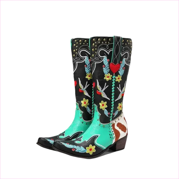 Ornate Turquoise and Black Women’s Western Boots with Exquisite Embroidery
