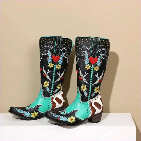 Ornate Turquoise and Black Women’s Western Boots with Exquisite Embroidery