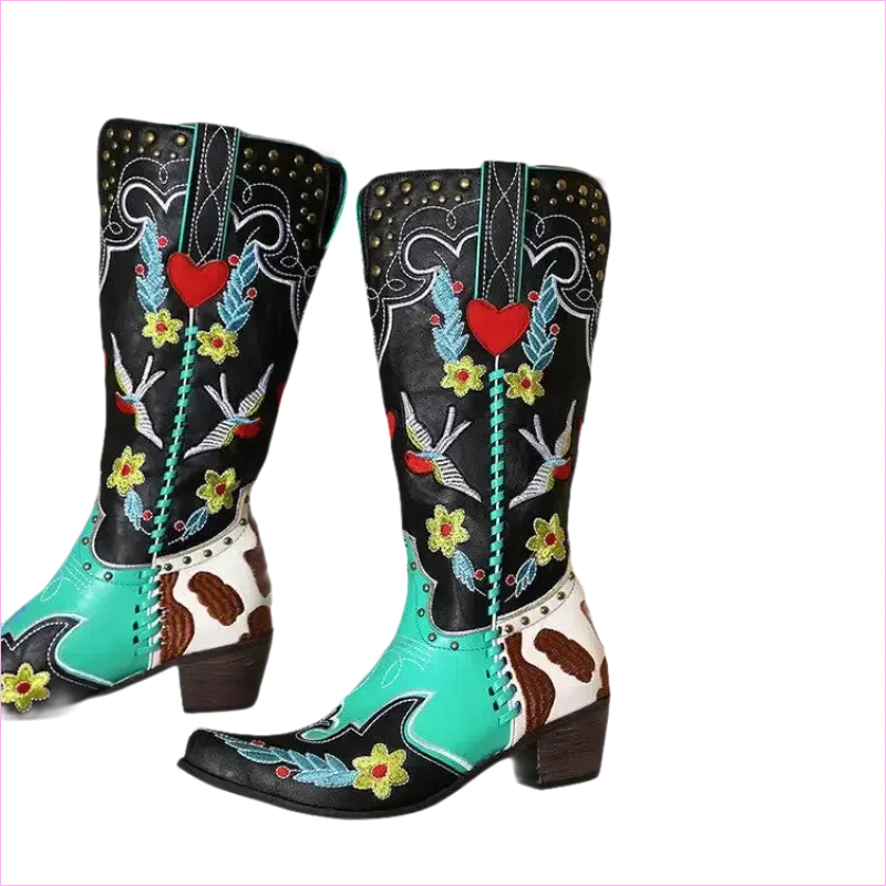 Ornate Turquoise and Black Women’s Western Boots with Exquisite Embroidery