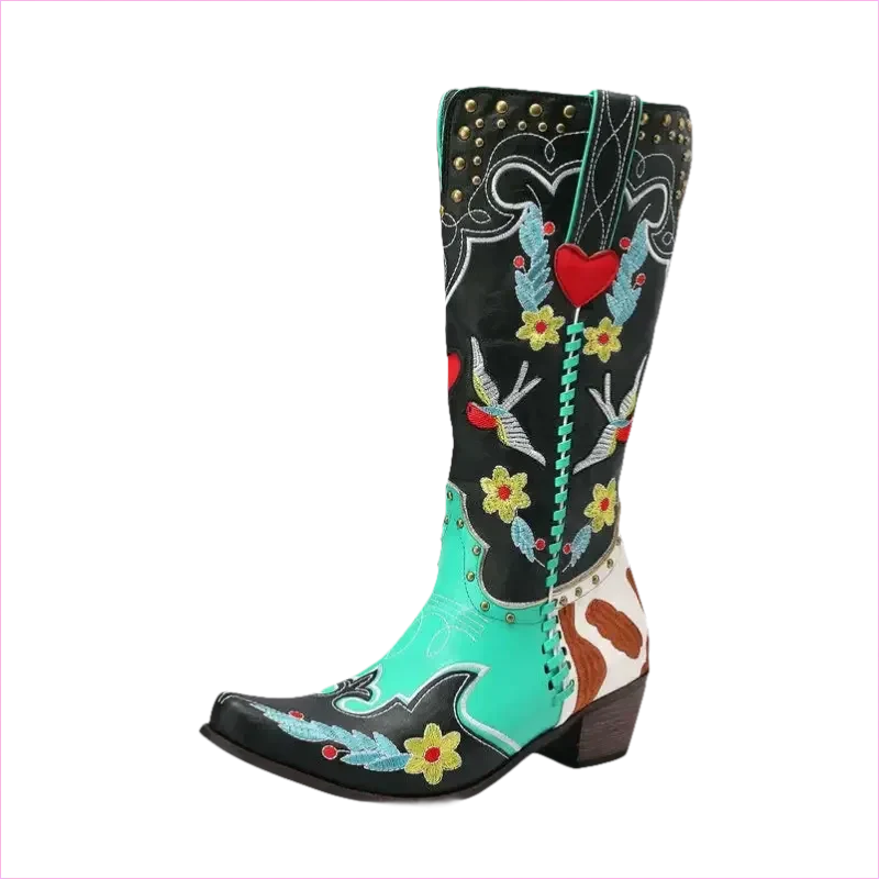 Ornate Turquoise and Black Women’s Western Boots with Exquisite Embroidery