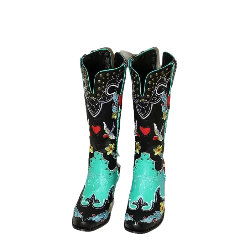 Ornate Turquoise and Black Women’s Western Boots with Exquisite Embroidery