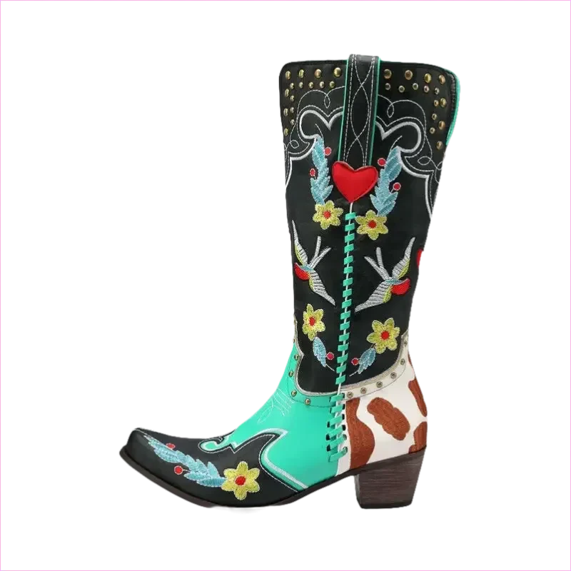 Ornate Turquoise and Black Women’s Western Boots with Exquisite Embroidery