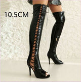 Patent Stretch Over-the-knee Boots with 5cm Heel and Open Toe