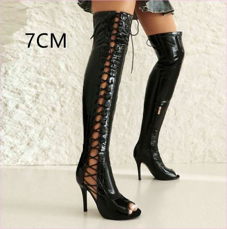 Patent Stretch Over-the-knee Boots with 5cm Heel and Open Toe
