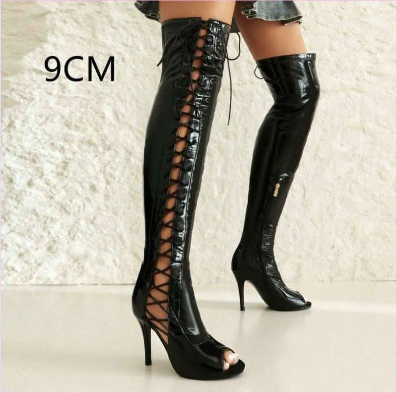 Patent Stretch Over-the-knee Boots with 5cm Heel and Open Toe