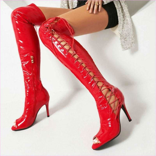 Patent Stretch Over-the-knee Boots with 5cm Heel and Open Toe