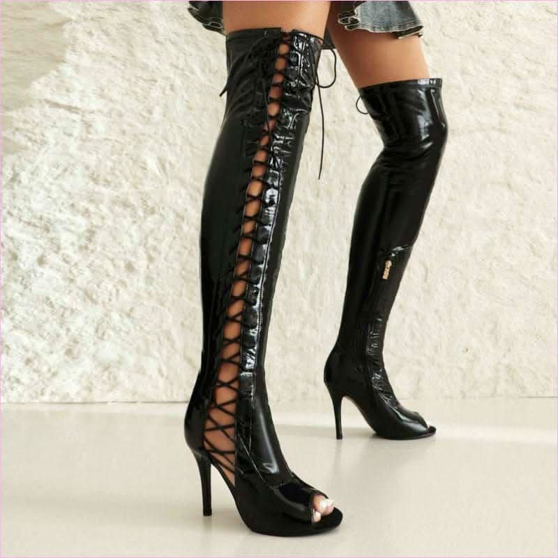 Patent Stretch Over-the-knee Boots with 5cm Heel and Open Toe