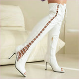 Patent Stretch Over-the-knee Boots with 5cm Heel and Open Toe