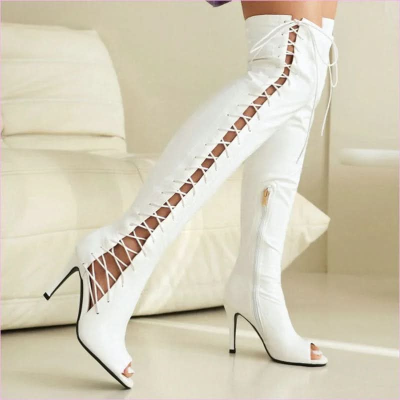 Patent Stretch Over-the-knee Boots with 5cm Heel and Open Toe