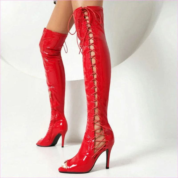 Patent Stretch Over-the-knee Boots with 5cm Heel and Open Toe