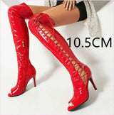 Patent Stretch Over-the-knee Boots with 5cm Heel and Open Toe
