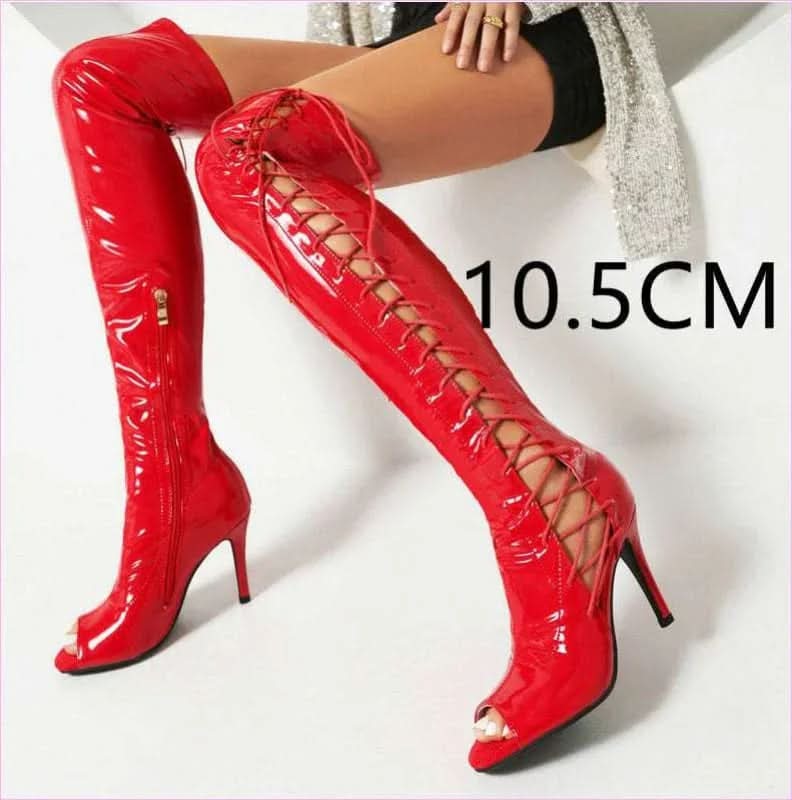 Patent Stretch Over-the-knee Boots with 5cm Heel and Open Toe