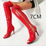 Patent Stretch Over-the-knee Boots with 5cm Heel and Open Toe
