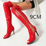 Patent Stretch Over-the-knee Boots with 5cm Heel and Open Toe