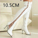Patent Stretch Over-the-knee Boots with 5cm Heel and Open Toe