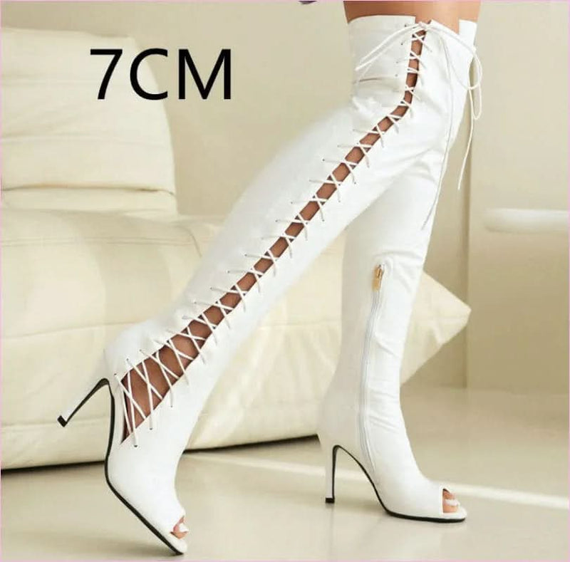Patent Stretch Over-the-knee Boots with 5cm Heel and Open Toe