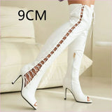 Patent Stretch Over-the-knee Boots with 5cm Heel and Open Toe