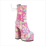 Pink Floral Round Toe Lace Up Platform Fashion Boots