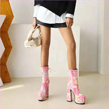 Pink Floral Round Toe Lace Up Platform Fashion Boots