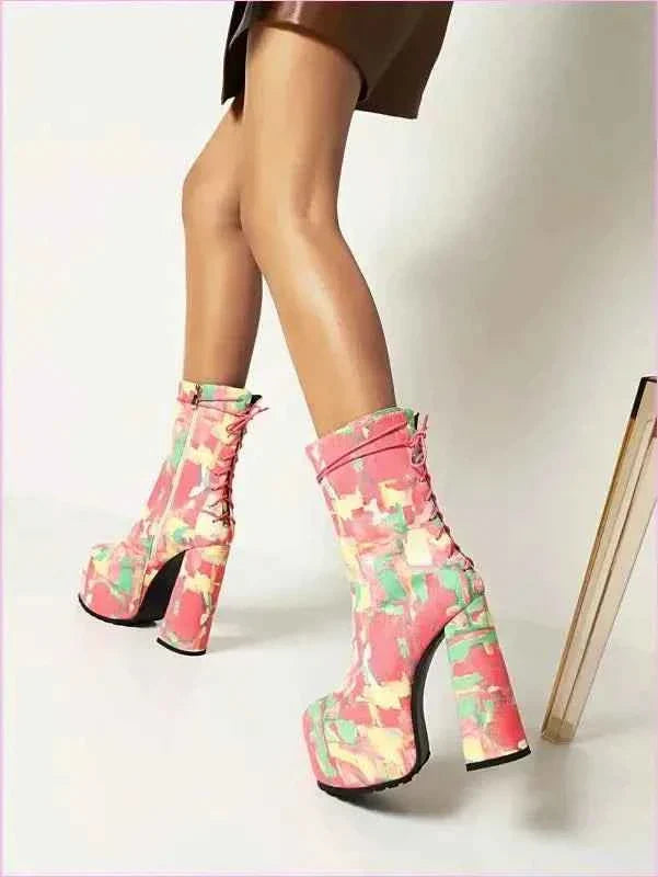 Pink Floral Round Toe Lace Up Platform Fashion Boots