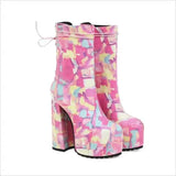 Pink Floral Round Toe Lace Up Platform Fashion Boots