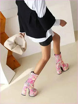 Pink Floral Round Toe Lace Up Platform Fashion Boots
