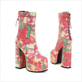 Pink Floral Round Toe Lace Up Platform Fashion Boots