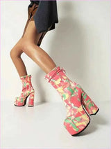 Pink Floral Round Toe Lace Up Platform Fashion Boots