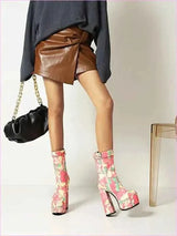 Pink Floral Round Toe Lace Up Platform Fashion Boots