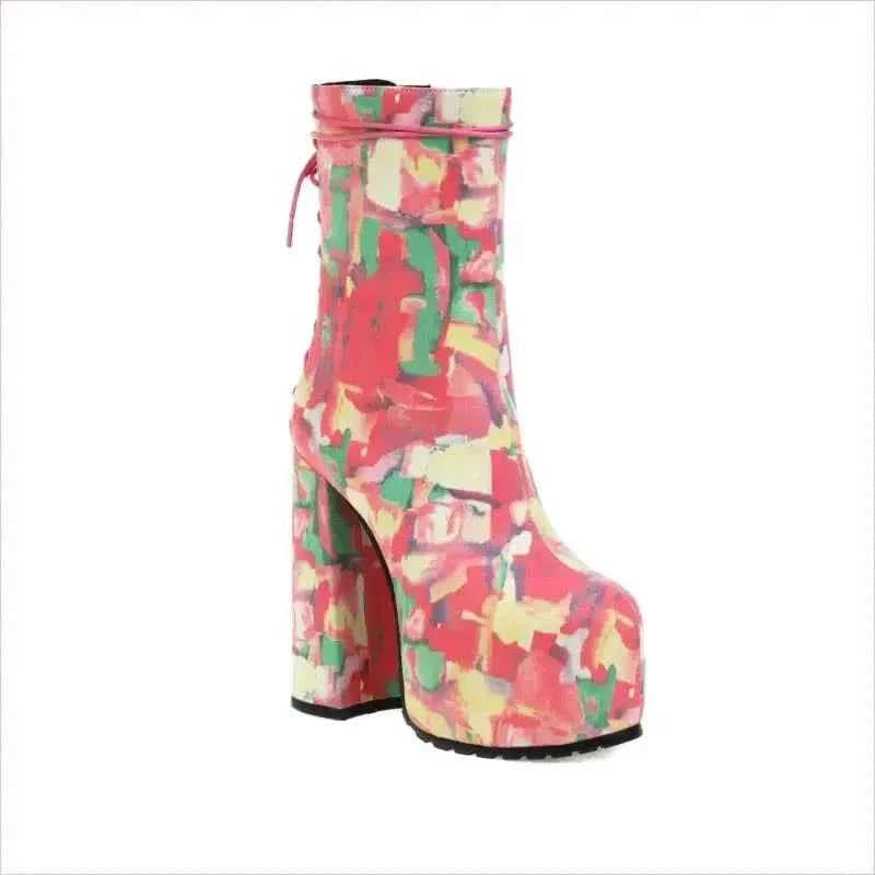 Pink Floral Round Toe Lace Up Platform Fashion Boots