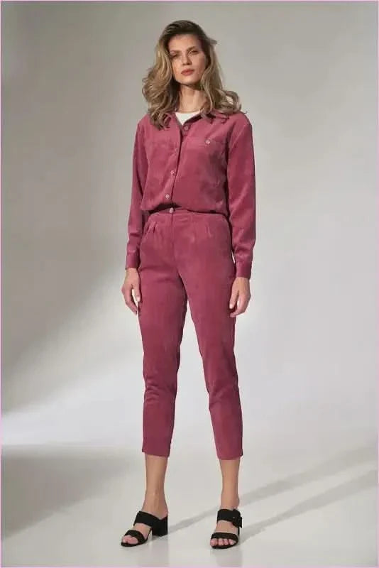 Pink Pleated Corduroy Trousers Unique Fashion Style