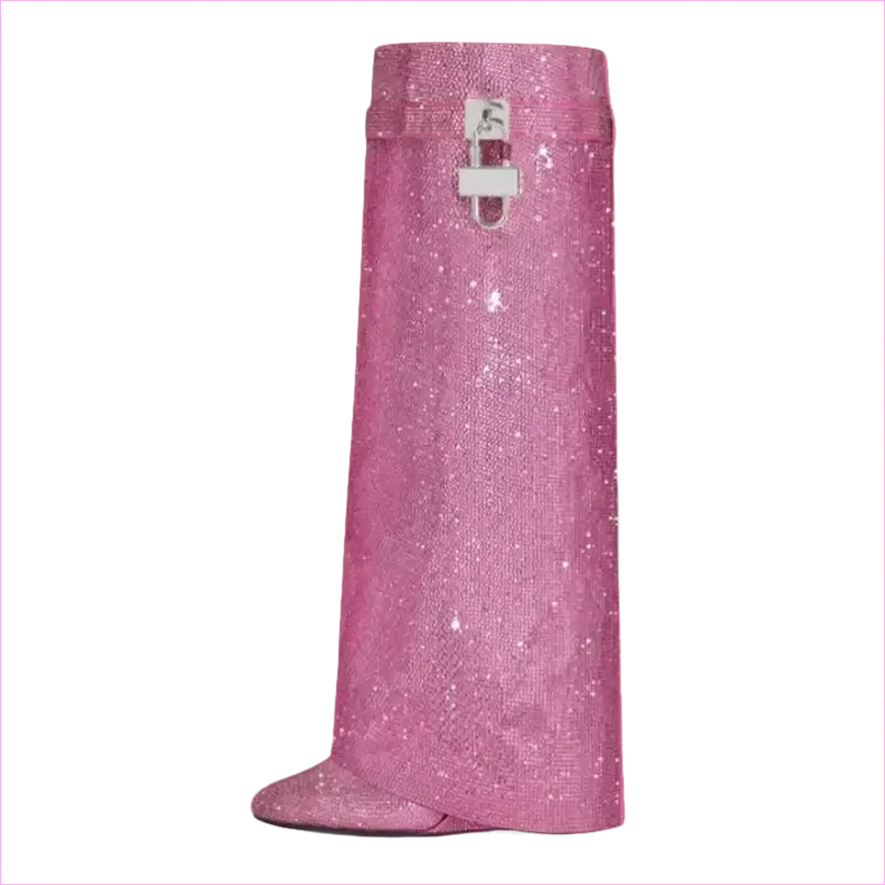Pink Rhinestone Round Toe Knee-high Luxury Boots for Fashion-forward Women
