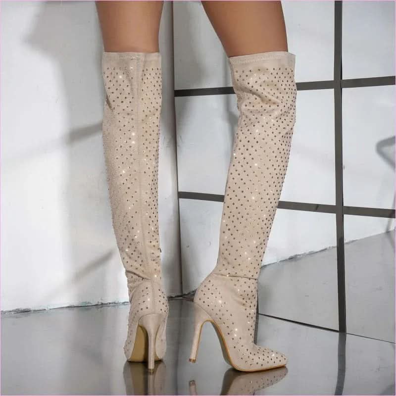 Pointed Toe Diamond Sequin Stiletto Boots for a Glam Look