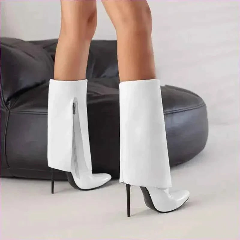 Pointed Toe Knee-high Fold OverBoots with Zipper
