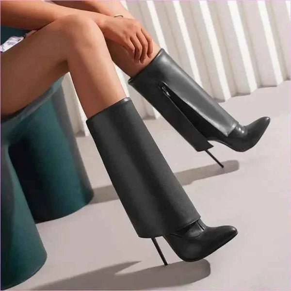 Pointed Toe Knee-high Fold OverBoots with Zipper