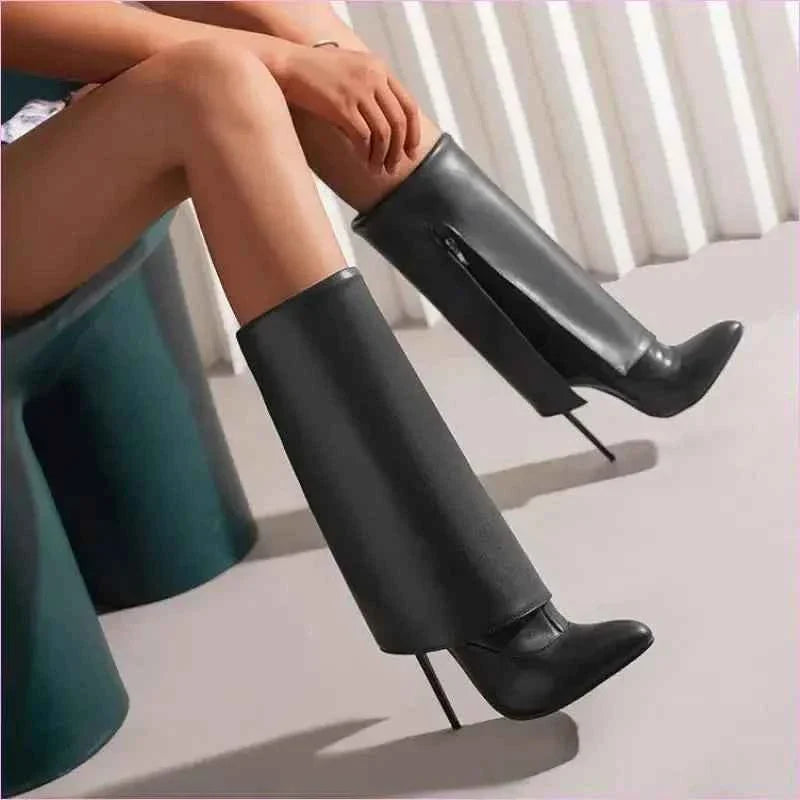 Pointed Toe Knee-high Fold OverBoots with Zipper
