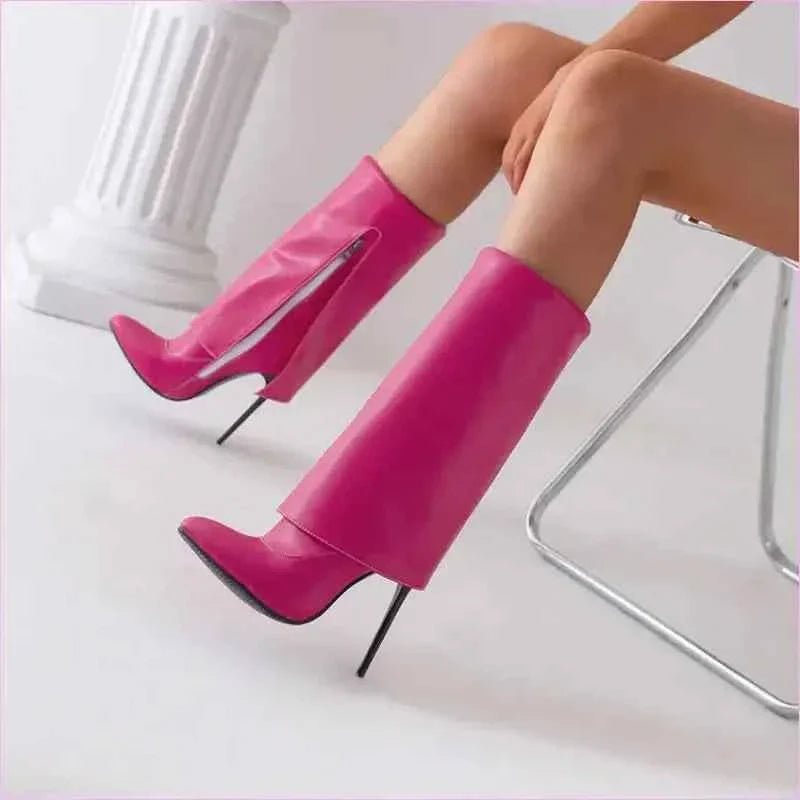 Pointed Toe Knee-high Fold OverBoots with Zipper