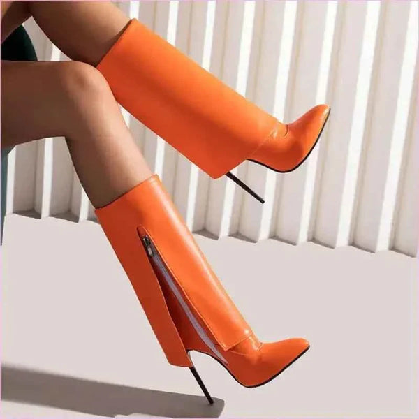 Pointed Toe Knee-high Fold OverBoots with Zipper