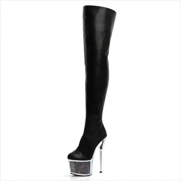 Purple Patent Leather High Heel Thigh Boots with Glitter Filled Platform