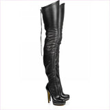 Real Leather Thigh Length Platform Boots in Black