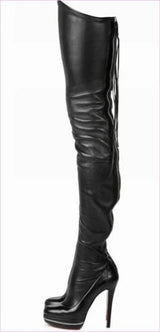 Real Leather Thigh Length Platform Boots in Black