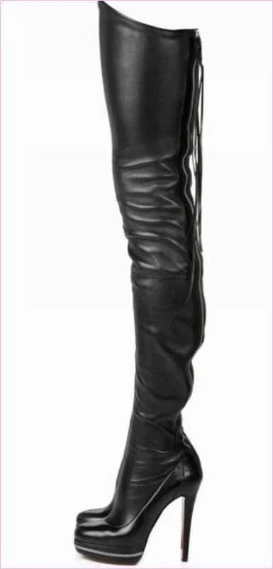 Real Leather Thigh Length Platform Boots in Black
